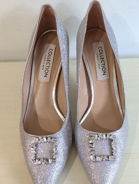 Charles & Keith Collection Silver Glitter Pointed Toe Kitten Heels Size EU41